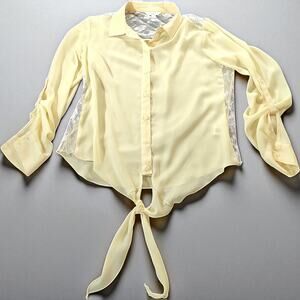 Candie's Y2K Romantic Lace Sheer Tie Front Button Tab Sleeve Top Butter Yellow M